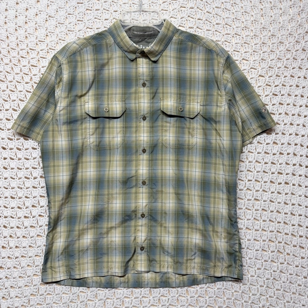Kuhl Shirt Mens M Green Blue Plaid Eluxur Short Sleeve Button Up Outdoor Hiking